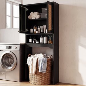 English Elm Over Toilet Freestanding Farmhouse Cabinet with Rattan Doors Open Shelf Bathroom Organizer Black B2764P518724