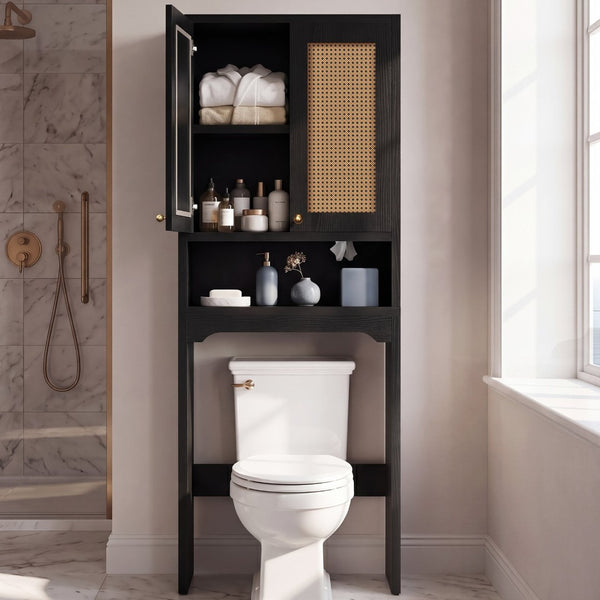 English Elm Over Toilet Freestanding Farmhouse Cabinet with Rattan Doors Open Shelf Bathroom Organizer Black B2764P518724