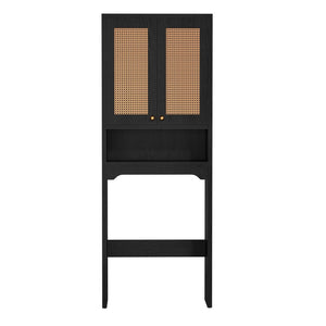 English Elm Over Toilet Freestanding Farmhouse Cabinet with Rattan Doors Open Shelf Bathroom Organizer Black B2764P518724