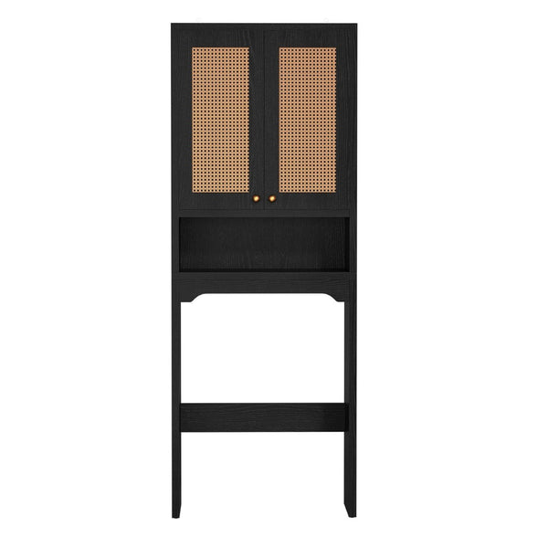 English Elm Over Toilet Freestanding Farmhouse Cabinet with Rattan Doors Open Shelf Bathroom Organizer Black B2764P518724