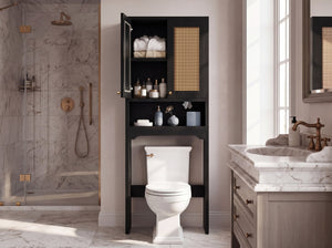 English Elm Over Toilet Freestanding Farmhouse Cabinet with Rattan Doors Open Shelf Bathroom Organizer Black B2764P518724