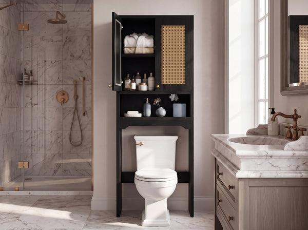 English Elm Over Toilet Freestanding Farmhouse Cabinet with Rattan Doors Open Shelf Bathroom Organizer Black B2764P518724