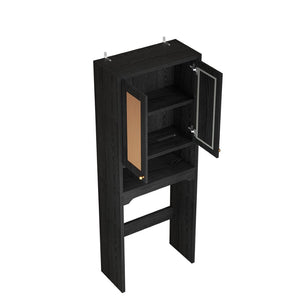 English Elm Over Toilet Freestanding Farmhouse Cabinet with Rattan Doors Open Shelf Bathroom Organizer Black B2764P518724