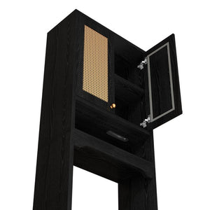 English Elm Over Toilet Freestanding Farmhouse Cabinet with Rattan Doors Open Shelf Bathroom Organizer Black B2764P518724