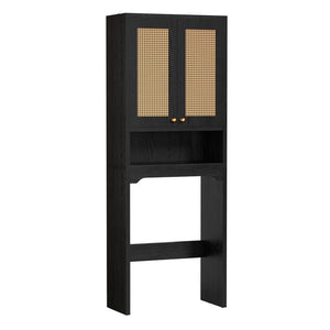 English Elm Over Toilet Freestanding Farmhouse Cabinet with Rattan Doors Open Shelf Bathroom Organizer Black B2764P518724