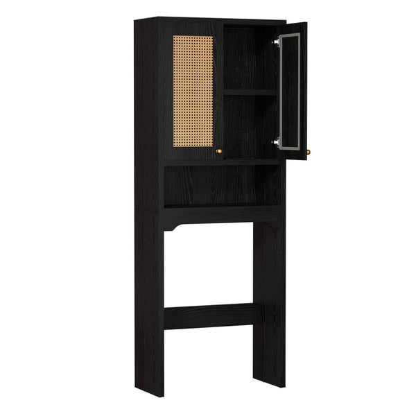 English Elm Over Toilet Freestanding Farmhouse Cabinet with Rattan Doors Open Shelf Bathroom Organizer Black B2764P518724