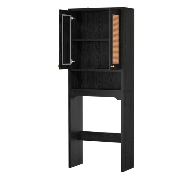 English Elm Over Toilet Freestanding Farmhouse Cabinet with Rattan Doors Open Shelf Bathroom Organizer Black B2764P518724