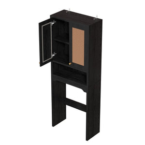 English Elm Over Toilet Freestanding Farmhouse Cabinet with Rattan Doors Open Shelf Bathroom Organizer Black B2764P518724