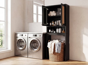 English Elm Over Toilet Freestanding Farmhouse Cabinet with Rattan Doors Open Shelf Bathroom Organizer Black B2764P518724
