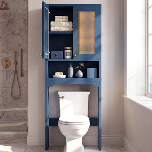 English Elm Over Toilet Freestanding Farmhouse Cabinet with Rattan Doors Open Shelf Bathroom Organizer Blue B2764P518725