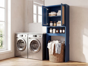 English Elm Over Toilet Freestanding Farmhouse Cabinet with Rattan Doors Open Shelf Bathroom Organizer Blue B2764P518725