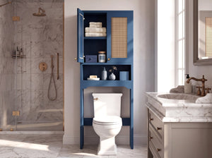 English Elm Over Toilet Freestanding Farmhouse Cabinet with Rattan Doors Open Shelf Bathroom Organizer Blue B2764P518725