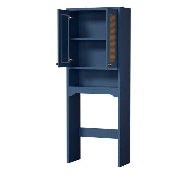 English Elm Over Toilet Freestanding Farmhouse Cabinet with Rattan Doors Open Shelf Bathroom Organizer Blue B2764P518725