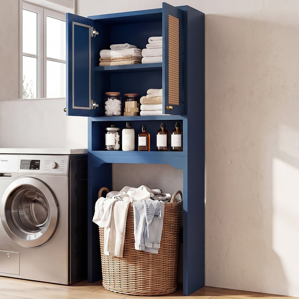 English Elm Over Toilet Freestanding Farmhouse Cabinet with Rattan Doors Open Shelf Bathroom Organizer Blue B2764P518725