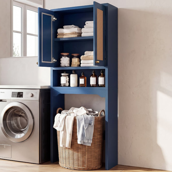 English Elm Over Toilet Freestanding Farmhouse Cabinet with Rattan Doors Open Shelf Bathroom Organizer Blue B2764P518725