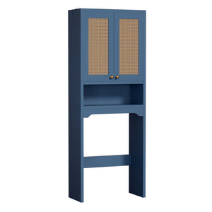 English Elm Over Toilet Freestanding Farmhouse Cabinet with Rattan Doors Open Shelf Bathroom Organizer Blue B2764P518725