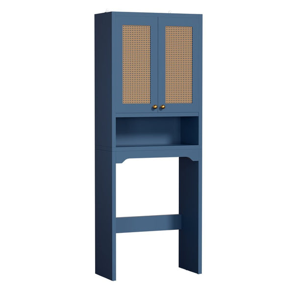 English Elm Over Toilet Freestanding Farmhouse Cabinet with Rattan Doors Open Shelf Bathroom Organizer Blue B2764P518725