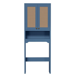 English Elm Over Toilet Freestanding Farmhouse Cabinet with Rattan Doors Open Shelf Bathroom Organizer Blue B2764P518725