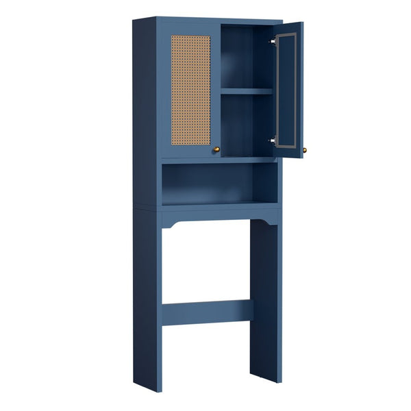 English Elm Over Toilet Freestanding Farmhouse Cabinet with Rattan Doors Open Shelf Bathroom Organizer Blue B2764P518725