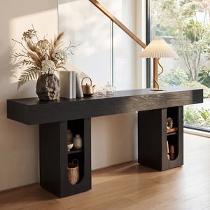 English Elm 63 Inch Farmhouse Console Table with Built in Outlet U Shelf Storage and Sturdy MDF Top Black B2764P518730