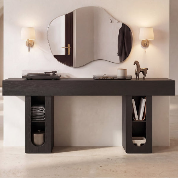 English Elm 63 Inch Farmhouse Console Table with Built in Outlet U Shelf Storage and Sturdy MDF Top Black B2764P518730