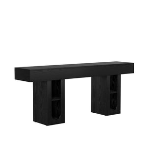 English Elm 63 Inch Farmhouse Console Table with Built in Outlet U Shelf Storage and Sturdy MDF Top Black B2764P518730