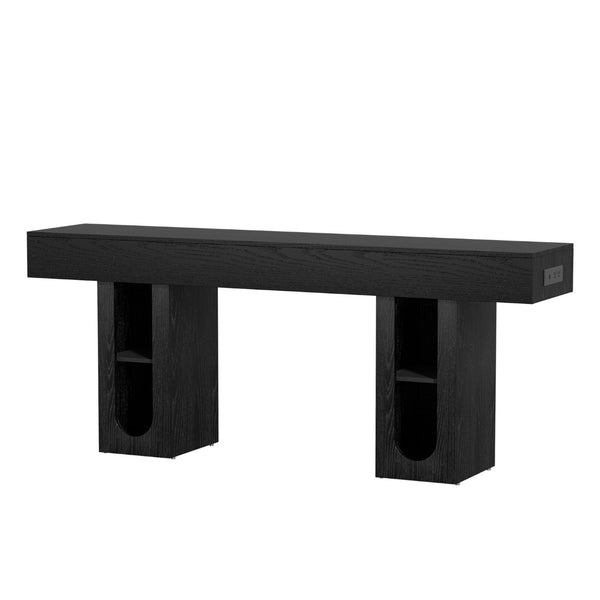English Elm 63 Inch Farmhouse Console Table with Built in Outlet U Shelf Storage and Sturdy MDF Top Black B2764P518730