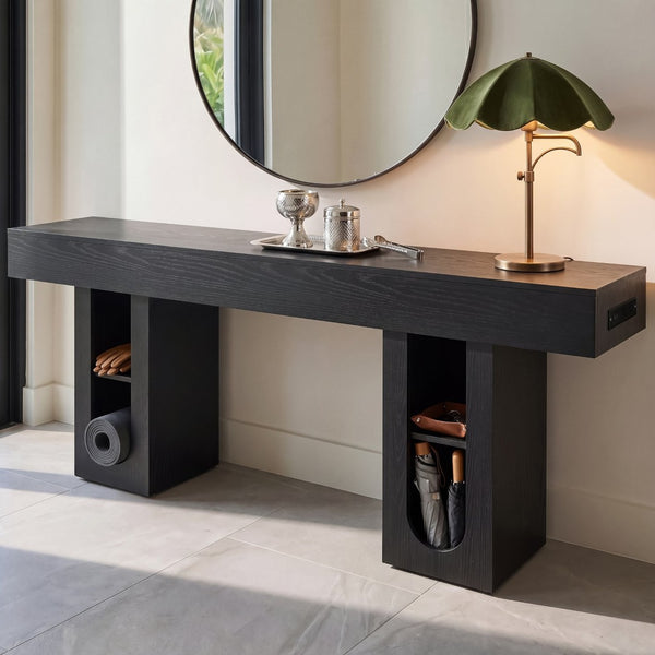 English Elm 71 Inch Farmhouse Console Table with Built-in Outlet Open Storage Shelves Entryway Living Room Black B2764P518731