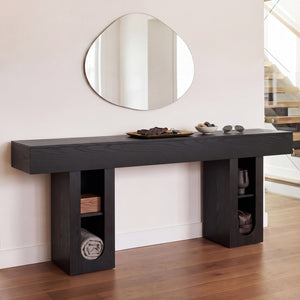 English Elm 71 Inch Farmhouse Console Table with Built-in Outlet Open Storage Shelves Entryway Living Room Black B2764P518731