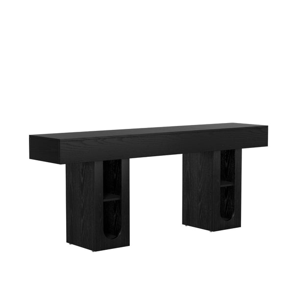 English Elm 71 Inch Farmhouse Console Table with Built-in Outlet Open Storage Shelves Entryway Living Room Black B2764P518731