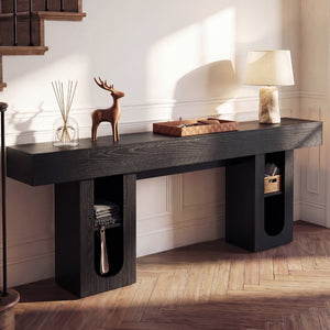 English Elm 79 Inch Farmhouse Console Table with Built-in Power Outlet and Adjustable Open Shelving Black B2764P518732