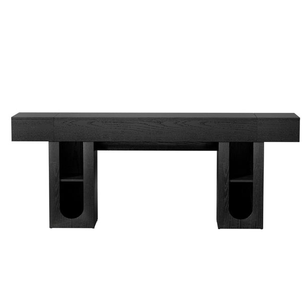 English Elm 79 Inch Farmhouse Console Table with Built-in Power Outlet and Adjustable Open Shelving Black B2764P518732