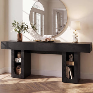 English Elm 79 Inch Farmhouse Console Table with Built-in Power Outlet and Adjustable Open Shelving Black B2764P518732