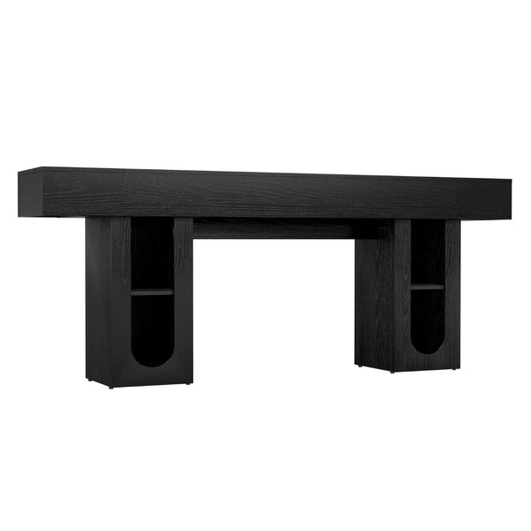 English Elm 79 Inch Farmhouse Console Table with Built-in Power Outlet and Adjustable Open Shelving Black B2764P518732
