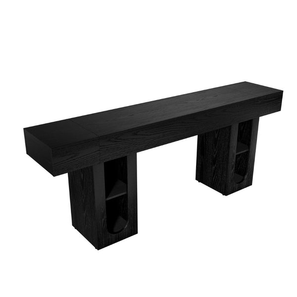 English Elm 79 Inch Farmhouse Console Table with Built-in Power Outlet and Adjustable Open Shelving Black B2764P518732