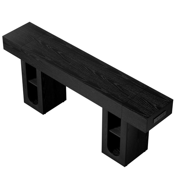 English Elm 79 Inch Farmhouse Console Table with Built-in Power Outlet and Adjustable Open Shelving Black B2764P518732