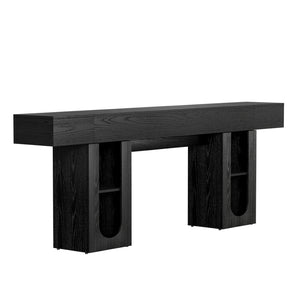 English Elm 79 Inch Farmhouse Console Table with Built-in Power Outlet and Adjustable Open Shelving Black B2764P518732