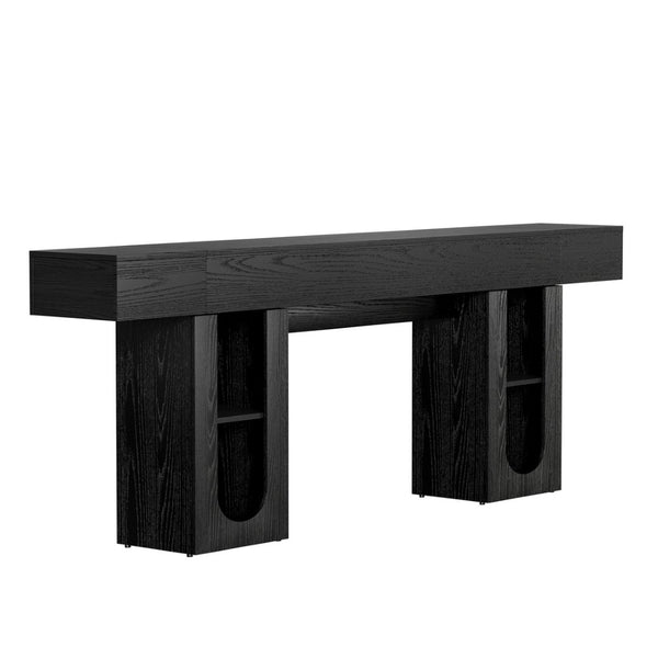 English Elm 79 Inch Farmhouse Console Table with Built-in Power Outlet and Adjustable Open Shelving Black B2764P518732