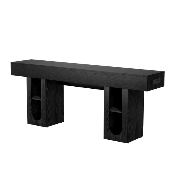 English Elm 79 Inch Farmhouse Console Table with Built-in Power Outlet and Adjustable Open Shelving Black B2764P518732