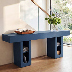 English Elm 63 Inch Farmhouse Console Table with Built in Outlet U Shelf Storage and Sturdy MDF Top Blue B2764P518733