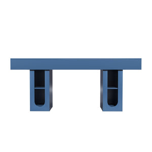 English Elm 63 Inch Farmhouse Console Table with Built in Outlet U Shelf Storage and Sturdy MDF Top Blue B2764P518733
