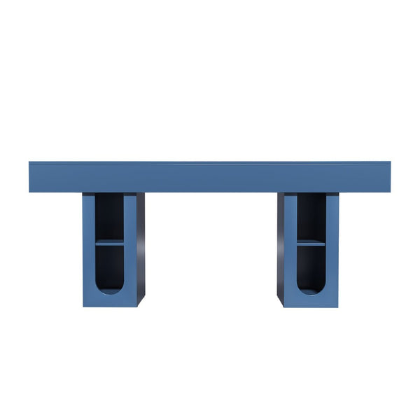 English Elm 63 Inch Farmhouse Console Table with Built in Outlet U Shelf Storage and Sturdy MDF Top Blue B2764P518733