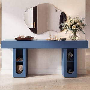 English Elm 63 Inch Farmhouse Console Table with Built in Outlet U Shelf Storage and Sturdy MDF Top Blue B2764P518733