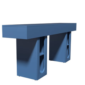 English Elm 63 Inch Farmhouse Console Table with Built in Outlet U Shelf Storage and Sturdy MDF Top Blue B2764P518733
