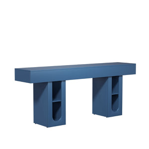 English Elm 63 Inch Farmhouse Console Table with Built in Outlet U Shelf Storage and Sturdy MDF Top Blue B2764P518733