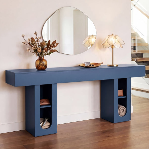 English Elm 71 Inch Farmhouse Console Table with Built-in Outlet Open Storage Shelves Entryway Living Room Blue B2764P518734