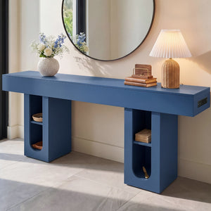 English Elm 71 Inch Farmhouse Console Table with Built-in Outlet Open Storage Shelves Entryway Living Room Blue B2764P518734