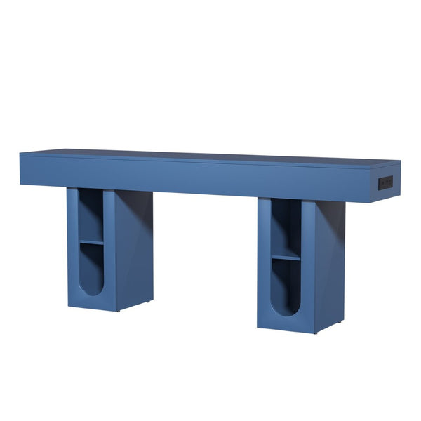 English Elm 71 Inch Farmhouse Console Table with Built-in Outlet Open Storage Shelves Entryway Living Room Blue B2764P518734
