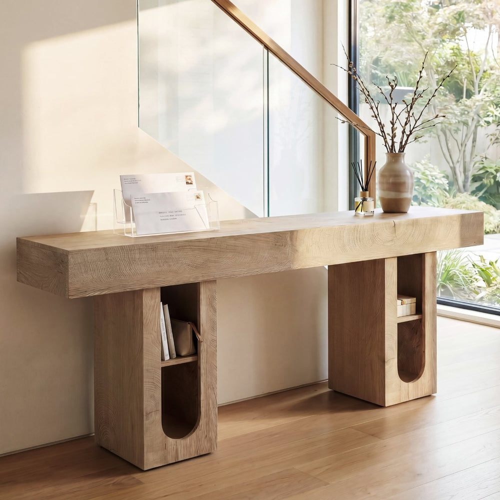 English Elm 63 Inch Farmhouse Console Table with Built in Outlet U Shelf Storage and Sturdy MDF Top Natural B2764P518735