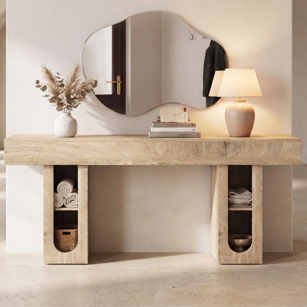 English Elm 63 Inch Farmhouse Console Table with Built in Outlet U Shelf Storage and Sturdy MDF Top Natural B2764P518735